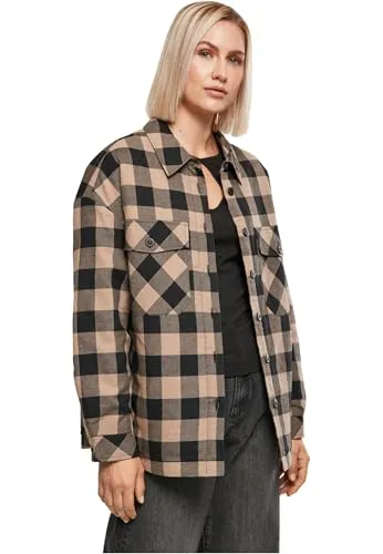 Urban Classics Damen Flanell Padded Overshirt Jacke, Schwarz/Softtaupe, S - Funktionsjacke für Damen, schützt vor Wind und Kälte mit stylischem Karo-Muster und hervorragendem Tragekomfort – ideal für jedes Outfit!