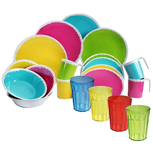 Camping Geschirr Set aus Melamin für 4 Personen - 20 Teile - mit Trinkgläsern Bunt 450 ml - Essgeschirr modernes Campinggeschirr