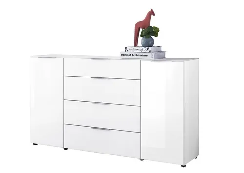 Sideboard Vitreo Neo in Weiß - Elegantes Design für Ihr Zuhause - Kommode aus hochwertigem ESG-Sicherheitsglas und kratzfester Melaminharzbeschichtung, mit gedämpften Türen und variablen Böden für optimalen Stauraum.