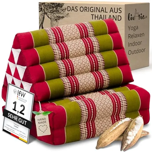livasia Thaikissen mit 2 Auflagen - 120x50x8cm - Handgefertigtes Dreieckskissen - Entspannen in asiatischer Atmosphäre: Das livasia Thaikissen mit zwei faltbaren Auflagen bietet vielseitigen Komfort für Yoga, Meditation oder gemütliche Abende. Praktisch und platzsparend für jeden Einsatz – drinnen und draußen.