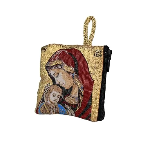 NKlaus Rosenkranz Tasche 6,6x7,2cm – Maria im roten Gewand, goldbestickt | Mit Reißverschluss – religiöses Etui für Gebet & Pilgerreise