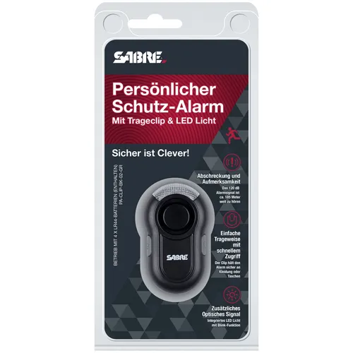 Sabre 120 dB Personenalarm LED-Licht Panik-Sirene 185m Hörweite Trage-Clip