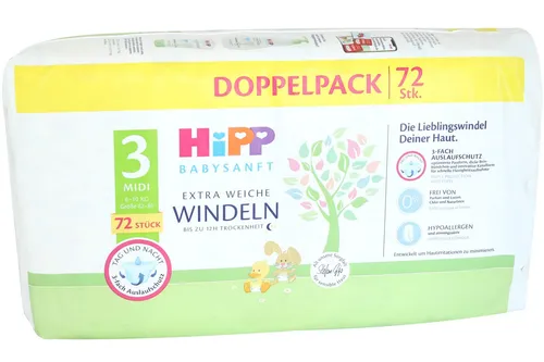HIPP Windeln Babysanft Midi 3 - 72er Doppelpack - Einwegwindeln für Babys von 6-10kg, mit optimalem Auslaufschutz und sanften Materialien für die empfindliche Haut.