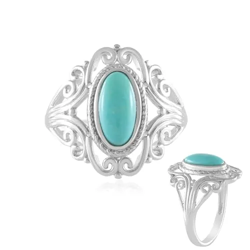 Cavill Türkisring 1,24 ct Ovaler Cabochon aus USA in 925 Sterling Silber Plattiert, Bohemian Stil mit floralem Muster, Moderner Türkis-Silberring für Damen, Größe 17-19