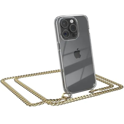 EAZY CASE Handykette kompatibel mit iPhone 15 Pro Handyhülle mit Metall Umhängeband und Ersatz Kordel schwarz, Handykordel mit Schutzhülle, Stylische Kette, Metall - Gold