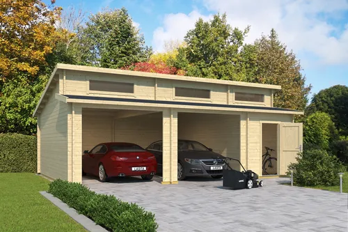 Garage Stufendach 44 mm Hawaii ohne Tor 820x520 cm - Gartenhäuser & Carports, geräumige Garage mit abschließbarem Stufendach und 3 Fenstern für optimale Belüftung und Licht.