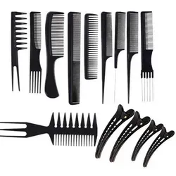 Profi Hair Styling Kämme Set 10 Stk. + 4 Haarklammern Schwarz - Vielseitiges Kammset mit 10 professionellen Kämmen und 4 Haarklammern. Hergestellt aus robustem, antistatischem Kunststoff für sicheres Styling. Ideal für Friseure und den Heimgebrauch, perfekt organisiert in einer praktischen Tasche.