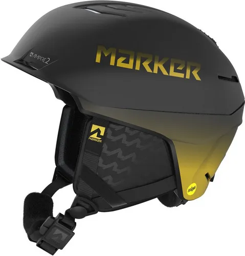 Marker Ampire 2 Mips Skihelm in Gelb/Schwarz (06) S - Der Marker Ampire 2 Mips Skihelm bietet optimalen Komfort und Schutz. Mit anpassbaren Ohrpolstern und einem präzisen 360° RTS Fit sorgt er für eine individuelle Passform und angenehme Belüftung beim Skifahren.