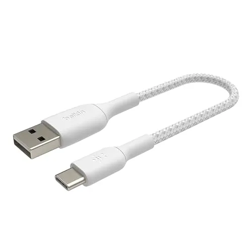 Belkin BoostCharge geflochtenes USB-C-Ladekabel, USB-C-/USB-Kabel, USB-Typ-C-Kabel für Geräte wie iPhone 16, iPhone 15, Samsung Galaxy S24, Pixel, iPad Pro/Mini, Nintendo Switch, 15 cm, Weiß