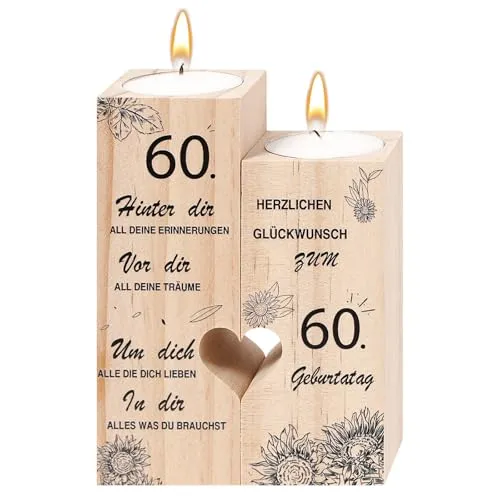 Herzförmiger Kerzenständer zum 60. Geburtstag - Kerzenständer aus hochwertigem Holz, ideal als romantisches Geschenk für Frauen zum 60. Geburtstag. Mit zeitlosen Liebesworten graviert, schafft er eine besondere Atmosphäre.