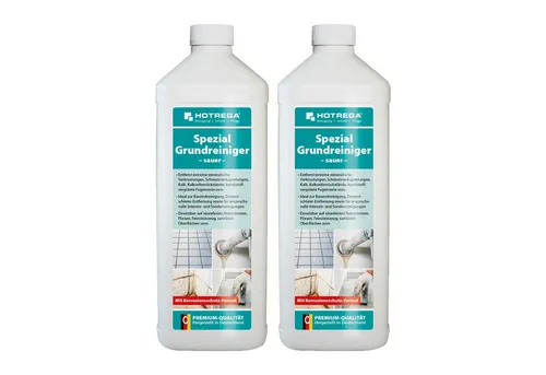 HOTREGA Spezial-Grundreiniger Konzentrat sauer - 2er Set - Reinigungsmittel zur Bauendreinigung, entfernt hartnäckige mineralische Verkrustungen und Kalk. Ergiebig bis zu 200 m²/Liter, ideal für Innen- und Außenbereiche.