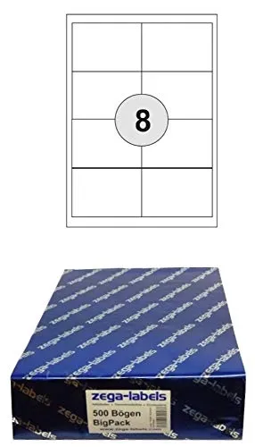 4.000 Etiketten 97 x 67,7 mm selbstklebend auf DIN A4 Bögen (2x4 Etiketten) - 500 Blatt Bigpack - Universell für Laser/Inkjet/Kopierer/Farblaser einsetzbar - 97x67mm 8-teilig