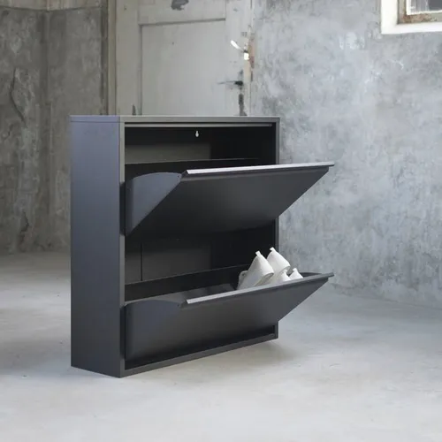 Spinder Design Schuhschrank Billi Metall, 75 cm schwarz - Schuhschrank aus pulverbeschichtetem Metall mit 2 Fächern und 2 Klappen, ideal für platzsparende Aufbewahrung und modernes Design in Ihrem Flur.