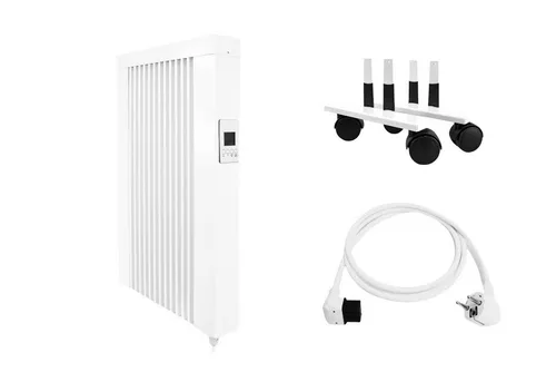 eVARMO Elektro-Heizkörper Bundle: Mobile Flächenspeicherheizung (Gerät/Laufrollen/Winkelstecker), Digitales Thermostat mit LCD-Display und 4 Knöpfen