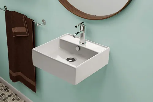 NEG Waschbecken Uno16H - Kompaktes Hänge-Waschbecken - Waschbecken mit schmalem Rand und Nano-Beschichtung, ideal für kleine Bäder. Mit praktischer Ablagefläche und einfachen DIN Anschlüssen für die schnelle Montage.