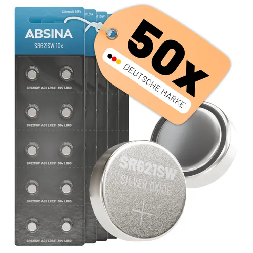 ABSINA SR621SW Uhrenbatterien 1,55V Silberoxid 5x 10er Pack - Knopfzelle SR621SW