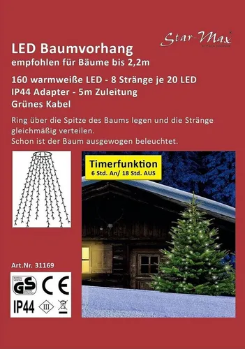 Star-Max Lichterkette 31169, 160 LED Baumvorhang mit Timer in grün von FHS