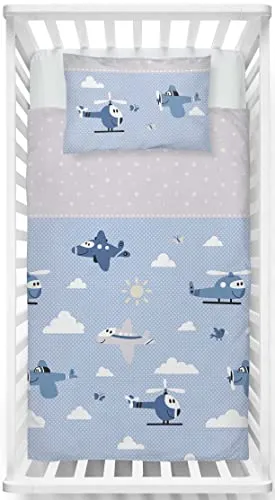 LINKHOFF Fein-Biber Babybettwäsche Set 100 x 135 Jungen - Bettwäsche-Set für Babybetten in Blau mit Flugzeugen, aus 100% Baumwolle in kuscheliger Fein-Biber Qualität – ideal für süße Träume und angenehmen Schlaf.