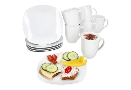 MamboCat Frühstücks-Geschirrset 12tlg - Lotta Weiß Porzellan für 6 Personen - Elegantes Frühstücksset aus hochwertigem Porzellan, ideal für stilvolle Frühstücke mit Familie und Freunden.