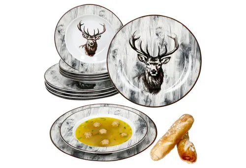 MamboCat Tafelservice 12tlg Alois Porzellan für 6 Personen - Elegantes 12-teiliges Tafelservice aus hochwertigem Porzellan mit Hirsch-Motiv, ideal für festliche Anlässe und einladende Dinnerpartys.