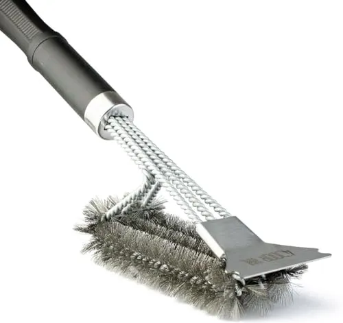 Grillbürste mit Schaber, Breiten Reinigungskopf mit dreireihigen Edelstahlborsten, langem ergonomischem Griff für sichere Handhabung, ideal zum Reinigen von Gas-, Holzkohle- & Elektrogrills