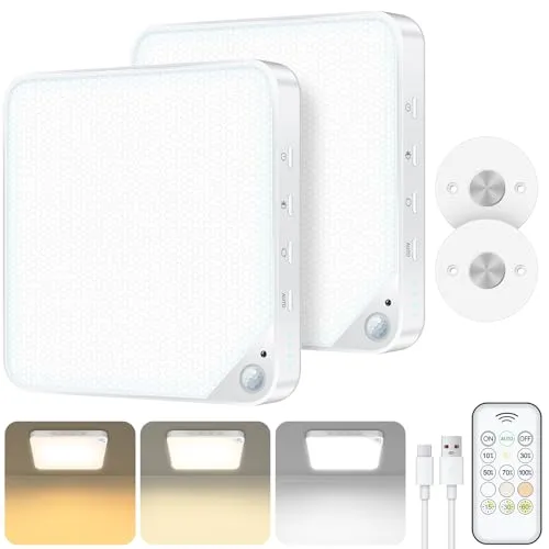 Akku Deckenleuchte mit Bewegungsmelder Innen,8W Aufladbare LED Deckenlampe Badezimmer mit Fernbedienung,Ohne Stromanschluss,Batteriebetriebene Kabellose Lampe für Bad,Schrank,Garage und Flur,2 Stück