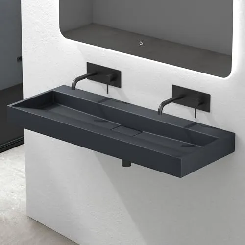 Mai & Mai Waschbecken Matt Anthrazit 120cm - Elegantes Aufsatzwaschbecken aus Mineralguss in Anthrazit, inkl. Ablaufgarnitur. Besonders pflegeleicht durch verbesserte Beschichtung und einzigartiges Design.