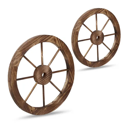 relaxdays Wanddekoobjekt Wagenrad aus Holz 60cm 2er Set - Deko-Objekte im rustikalen Vintage-Stil, ideal für Garten und Wandgestaltung. Die geflammte Oberfläche verleiht authentisches Western-Flair und eignet sich perfekt für Hochzeiten und Festlichkeiten.
