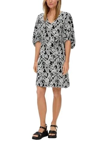 s.Oliver Kurzes Kleid mit V-Ausschnitt schwarz 38 - Freizeitkleid für Damen, im Regular Fit mit elegantem Alloverprint und leichtem Stoff, ideal für lässige Anlässe und warme Tage.