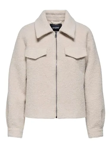 ONLY Damen Onlmalo Boucle Jacket OTW Noos, Pumice Stone, s - Funktionsjacken, stylische Jacke mit Reißverschluss und Fly-Away Kragen für einen trendigen Look.