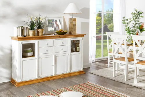 Landhausstil Highboard Schrank MEXICO - Weiß Natur - Pinie Massivholz - Hochwertiges Highboard im Landhausstil mit 4 Schubladen. Aus robustem Pinien-Massivholz gefertigt, bietet es viel Stauraum und verleiht jedem Raum eine gemütliche Atmosphäre.