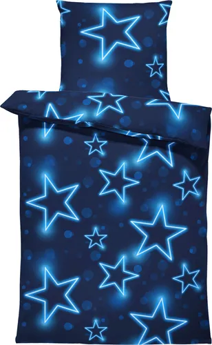 Sterne Bettwäsche 135x200 cm Stern Stars dunkel blau leuchtoptik Microfaser Set