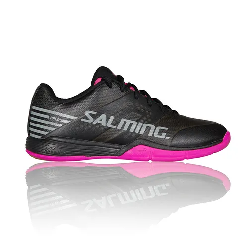 Salming Viper 5 Damen - Schwarz, Agiler Sportschuh - Der Salming Viper 5 Damen bietet exzellente Stabilität und Flexibilität für schnelle Bewegungen. Mit rutschfester Sohle und innovativer RollBar-Technologie ideal für aktives Training und Wettkämpfe.