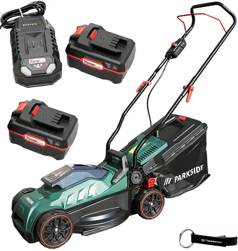 Parkside Akkurasenmäher 20V - PRMA 20 mit 33 cm Schnittbreite - Rasenmäher, akkubetrieben mit 2 Lithium-Ionen-Akkus, leicht abnehmbare Fangbox und Füllstandsanzeige für müheloses Mähen.