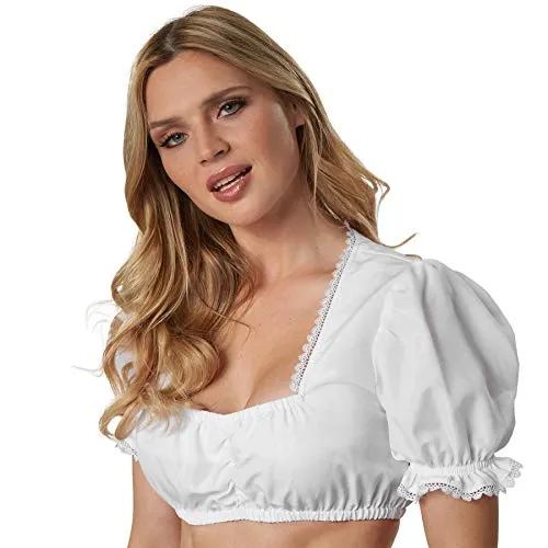 dressforfun 900588 Dirndlbluse mit leichtem Trapez Ausschnitt und Spitzen Rüschen, kurz, weiß (L | Nr. 303042)