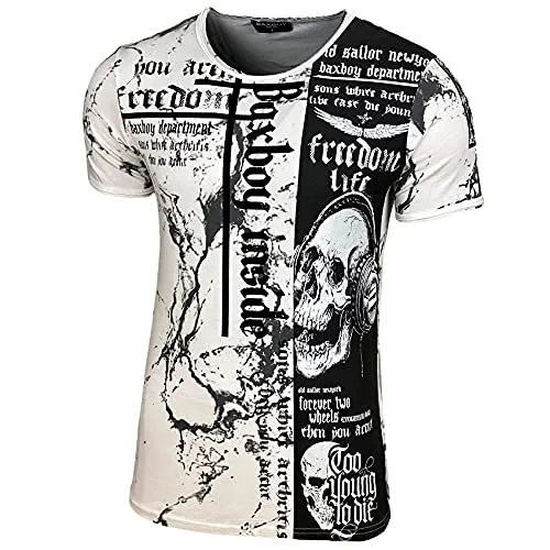 Herren Rundhals Vintage T-Shirt Kurzarm Slim Fit Design Fashion Top Print Shirt B-116, Farbe:Weiß, Größe:XL