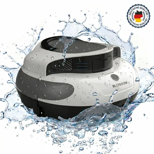 BLOSSOM Kabelloser Poolroboter für Aufstell- und Einbaupools - Kabelloser Poolsauger mit 5000 mAh Akku, ideal für Pools bis 100 m². 120 Minuten Laufzeit und intelligente Navigation für gründliche Reinigung – für entspannte Sommertage mit klarem Wasser.