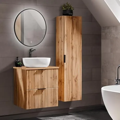 Lomadox Badmöbel-Set ADELAIDE-56, Eiche Rillenoptik - Elegantes Badmöbel Set mit gerillter Front in Wotaneiche Nb. für modernes Badambiente. Inklusive LED-Spiegel und Softclose-Systemen für höchsten Komfort.