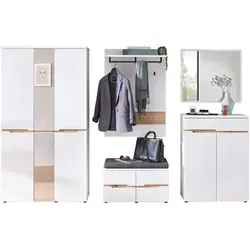 Voleo Garderobe Memphis, Weiß & Eiche Artisan - Garderobe mit 7-teiligem Set, inklusive Spiegel und viel Stauraum für Outdoor-Outfits. Flexibel dank höhenverstellbarer Fachböden und Soft-Close-System für sanftes Schließen.
