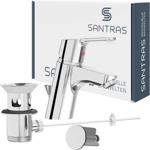 Santras Waschtischarmatur Magis, verchromt, 14 cm hoch, aus Messing, mit Ablaufgarnitur und Zugstange