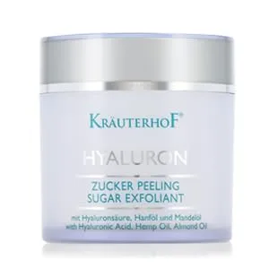 Kräuterhof® Zucker Body Peeling (250g) – hilft ihrem Körper & Gesicht zu einer sanften & geschmeidigen Haut, Peeling mit feinen Kristallen, umhüllt von Hyaluronsäure, Vitamin E, Hanf- & Mandelöl
