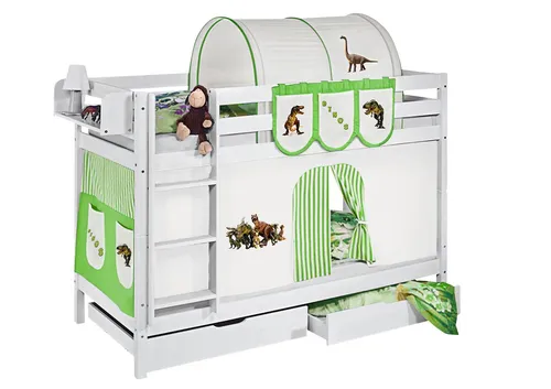Lilokids Etagenbett JELLE Dinos - Hochbett mit Vorhang - Das Etagenbett JELLE von LILOKIDS bietet zwei Platz für Träume auf kleinem Raum. Mit stabiler Bauweise und kindgerechtem Design wird es zum Spiel- und Rückzugsort. Inklusive Vorhang und Lattenrosten für zusätzlichen Komfort.