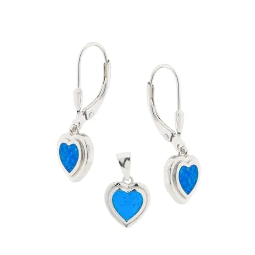 Golders Set: Ohrringe + Anhänger aus 925 Silber mit blauem Opal in Herzform