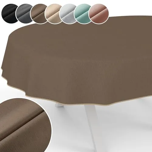 Tischdecke Mila Stoff abwaschbar Tischtuch Tafeldecke Jacquard Teflon beschichtet pflegeleicht Lotuseffekt schmutz- & wasserabweisend Uni Leinenoptik Oval 260x140cm mit Saum (Eingefasst) Sand