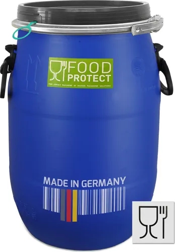 plasteo® 30 Liter Deckelfass - Regentonne aus lebensmittelechtem Kunststoff, ideal für Lebensmittel und Tierfutter. Luftdicht verschließbar, frostsicher und stapelbar für vielseitige Nutzung.