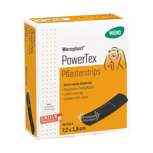 WERO Weroplast PowerTex Pflasterstrips 7,2 x 1,9 cm – Textilpflaster schwarz, extra starke Klebkraft, elastisch & luftdurchlässig – 50 Stück