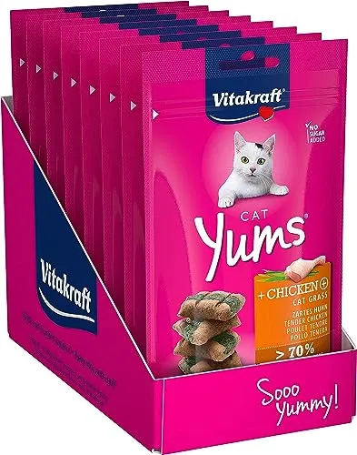 Vitakraft Cat Yums, Katzensnacks, mit zartem Hühnchen, mit Katzengras, extra fleischig, mit Füllung, in Vorratsgröße, ohne Zusatz von Zucker und Getreide (9x 40g)