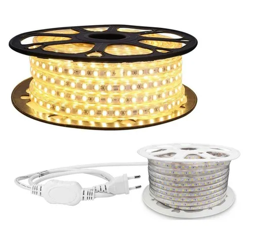 LED Strip Lichtband 5m 230V - Warmweiß, wasserfest für Innen & Außen - LED Streifen mit direktem 230 Volt Anschluss, ideal für Innen- und Außenanwendungen dank IP65 Schutz. Flexibles Design mit 60x 5050 SMD pro Meter, inklusive 5 Montageklemmen.
