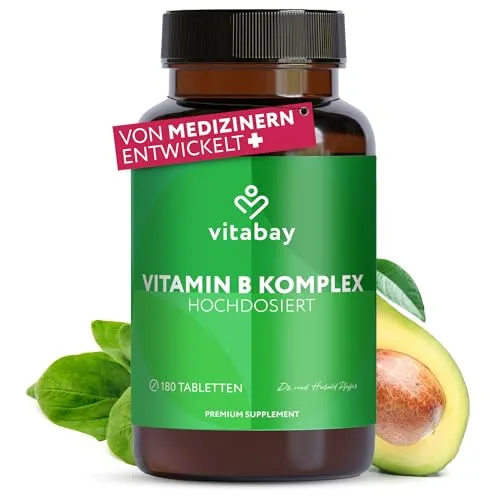 Vitabay Vitamin B Komplex hochdosiert - 180 Tabletten für 6 Monate - Vitamin B-Complex Präparate mit allen 8 B-Vitaminen, vegan und ohne Zusatzstoffe, laborgeprüft für höchste Qualität und Reinheit - ideal für eine gesunde Ernährung.