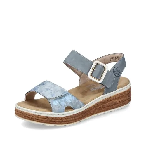 Rieker Plateausandale Sandalette - Bequeme Sommerschuhe mit Klettverschluss in Blau (43 EU) - Wanderschuhe, perfekte Keilsandale für den Sommer mit 4,5 cm Absatzhöhe und gepolsterter Innensohle für höchsten Komfort.